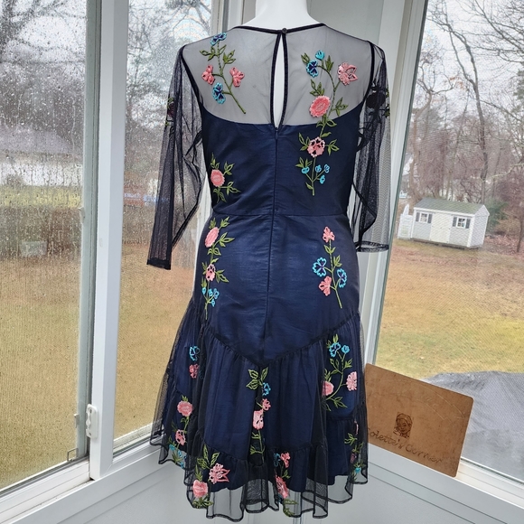 Wayward Fancies Floral Embroidery Black Sheer Tiered Tulle & Blue Dupioni Dress - Picture 4 of 16